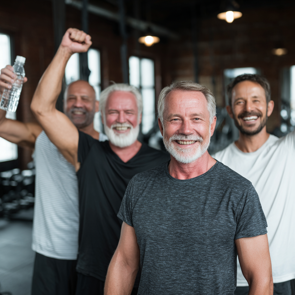Group of middle-aged men celebrating fitness achievements together