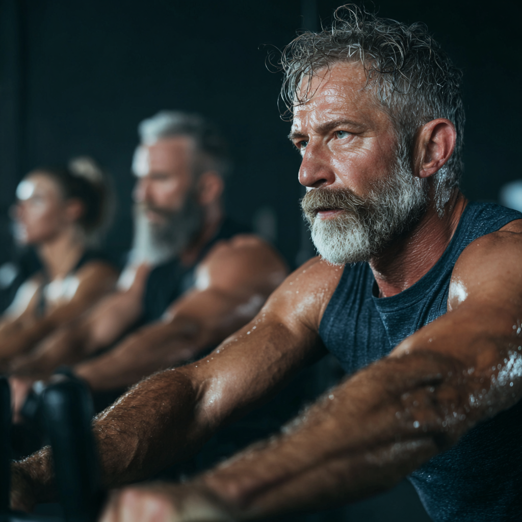 Middle-aged men training with focused determination and strength